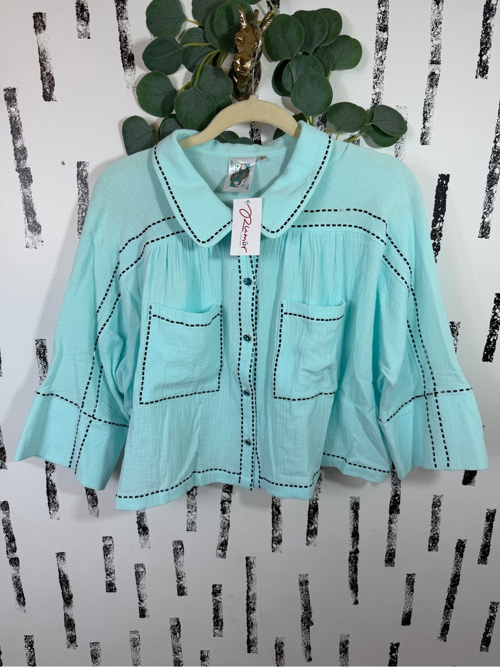 NWT Queen of Sparkles Rhinestone Button Down Beaded Trim Gauze Cotton Teal Top